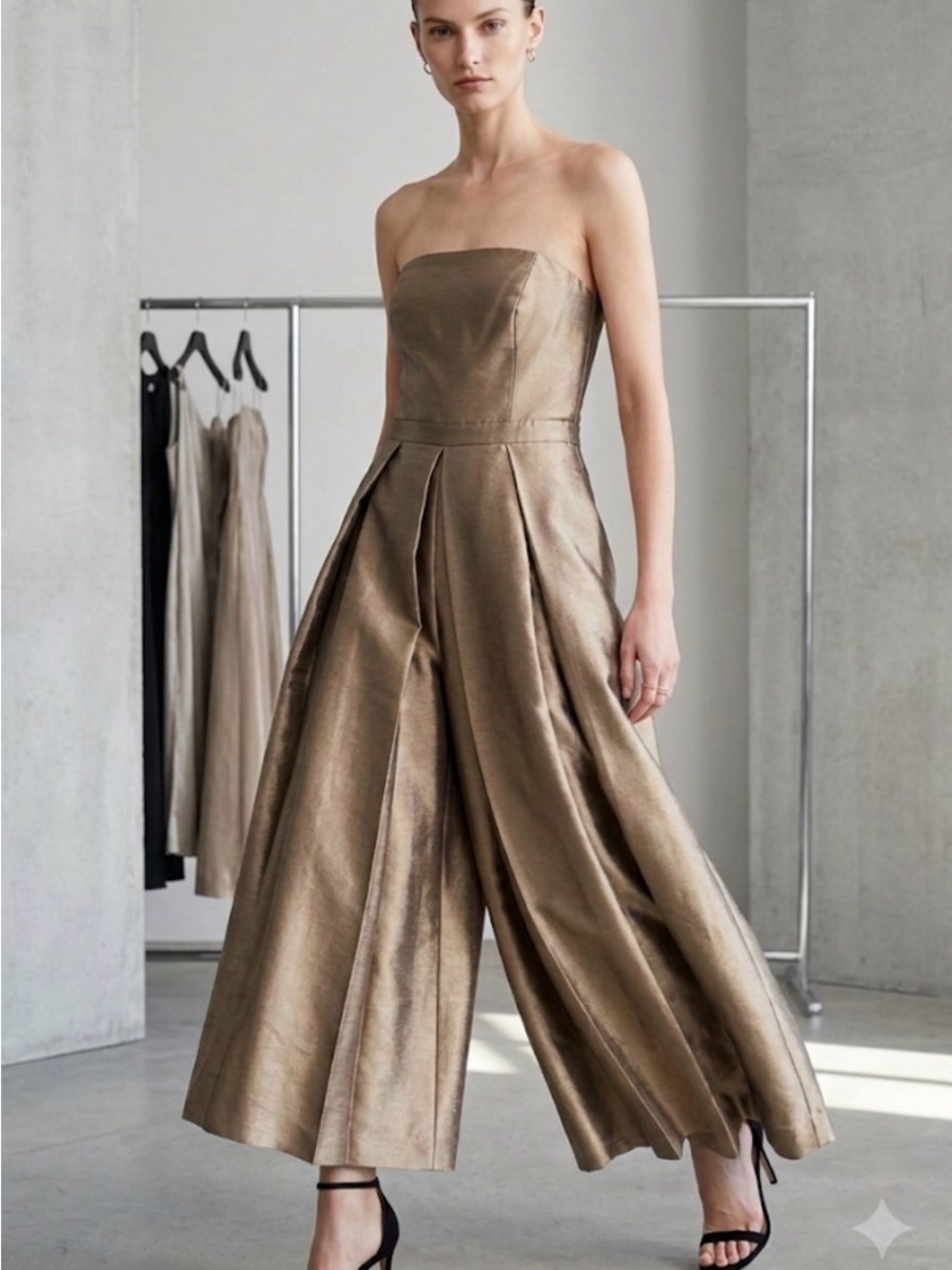 Tibi Metallic Bronze Strapless Wide-Leg Jumpsuit
